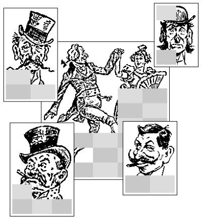 Sample Nonograms - Enthuisiastic Dancer, Mustache and Top Hat, Man with Bowler Hat.